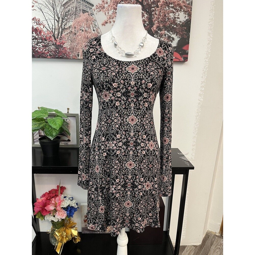 GARAGE Floral Shift Swing Dress Womens Size S/P Long Sleeve Scoop Neck Boho 90s
